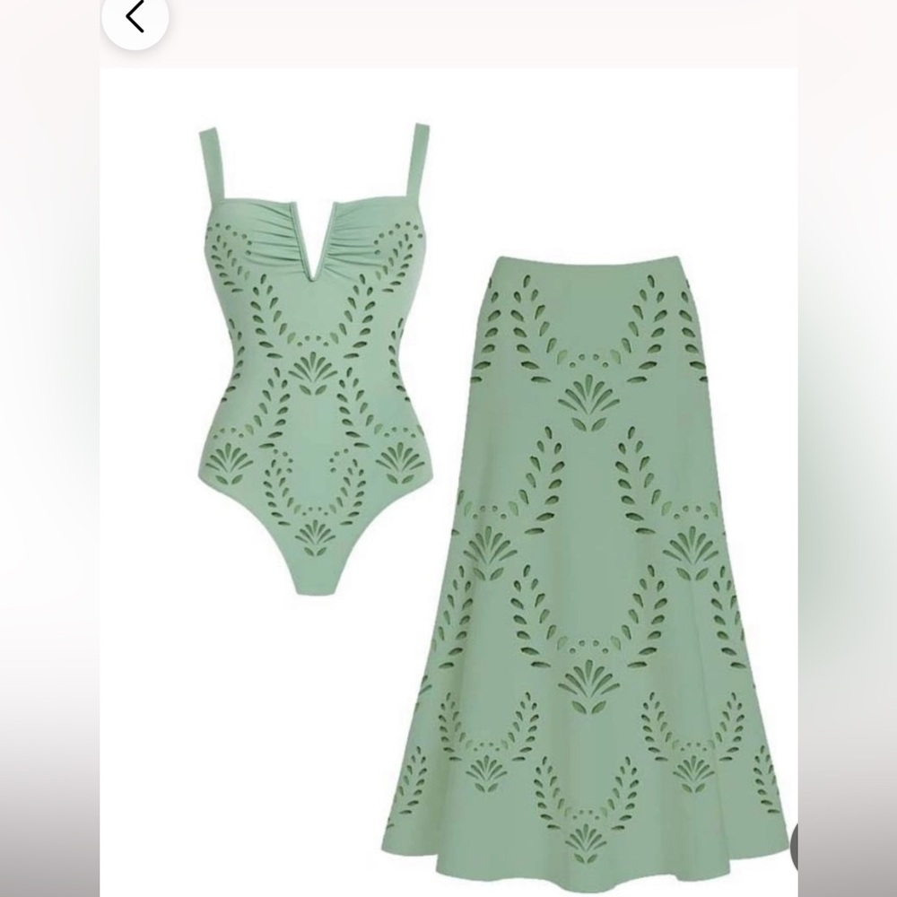 NWT, Flaxmaker Laser cut one piece Sage Green swimsuit and a-line coverup Skirt